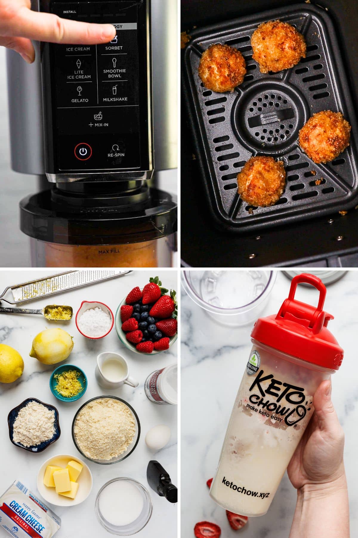 2x2 collage: Ninja Creami, air fryer bites, baking essentials, Keto Chow shaker