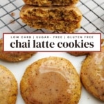 Stacked and whole chai latte cookies with a white text banner.