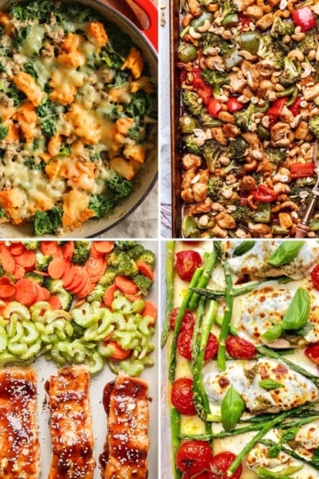 Four one pan dinners in a grid: skillet casserole, sheet pan chicken, salmon with zucchini, and roasted asparagus with cod.