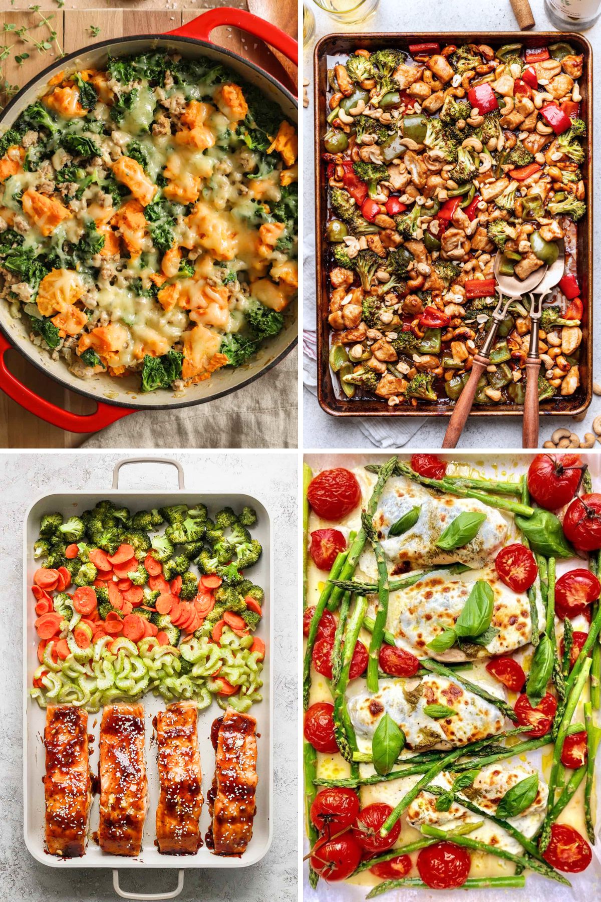 Four one pan dinners in a grid: skillet casserole, sheet pan chicken, salmon with zucchini, and roasted asparagus with cod.