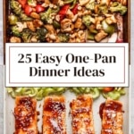 Sheet pan chicken with broccoli and bell peppers above glazed teriyaki salmon fillets with sesame seeds