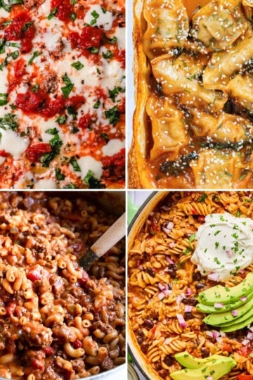 collage of one pot dinners including skillet lasagna, baked dumplings, goulash, and taco pasta.