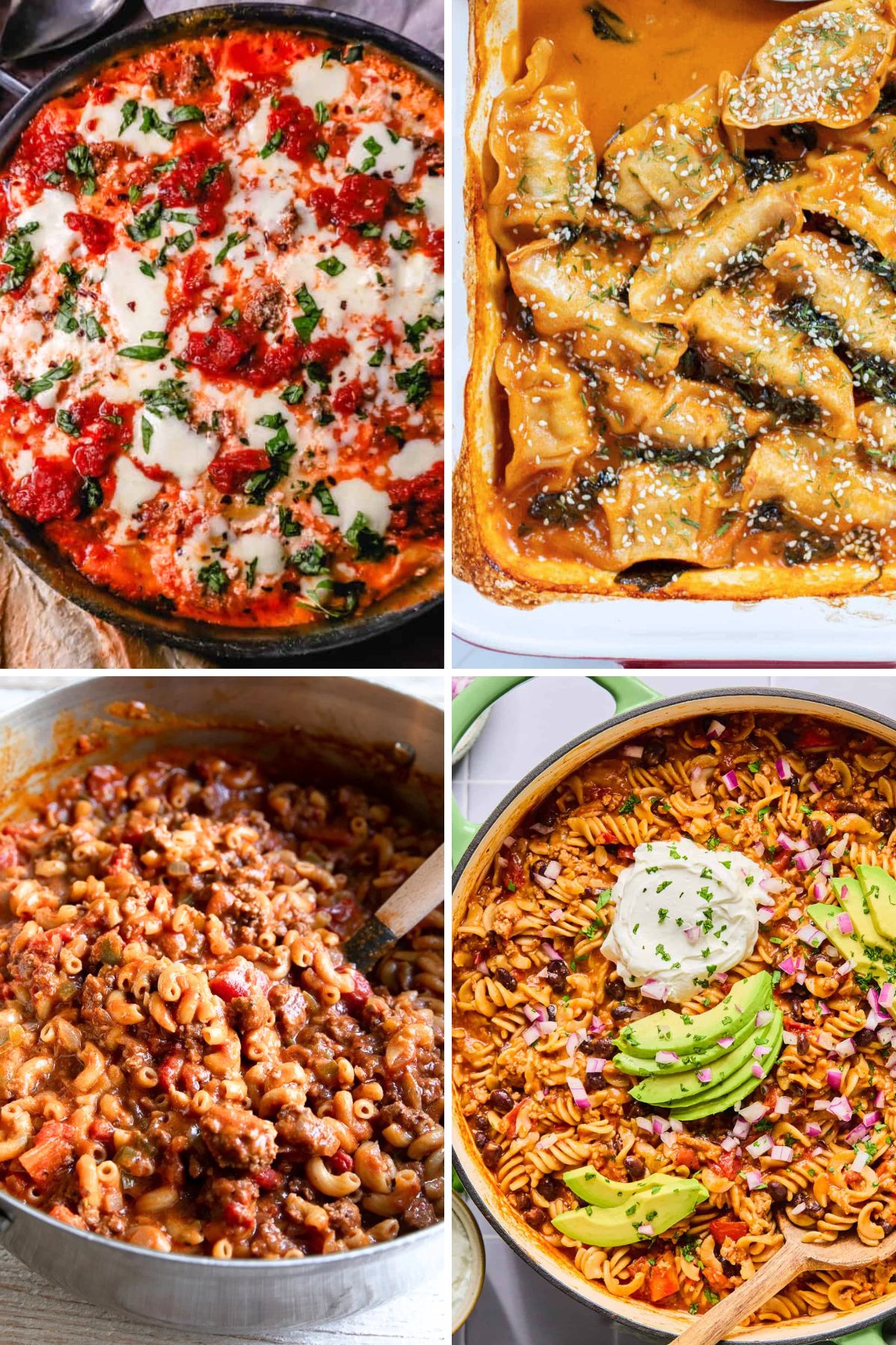 four one pot dinners including skillet lasagna, baked dumplings, goulash, and taco pasta with avocado.