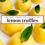 Lemon truffles coated in pale yellow, topped with mint leaves, arranged on a white plate.