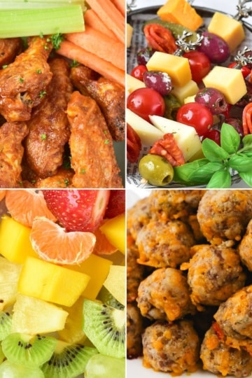 Collage overview hitting wings, skewers, fruit, and sausage balls