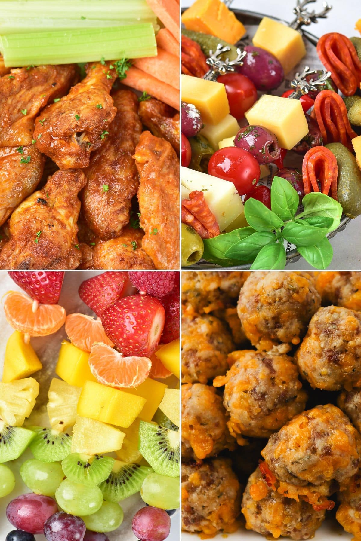 Detailed breakdown of each quadrant (wings + celery, antipasto skewers, fruit skewers, sausage balls)