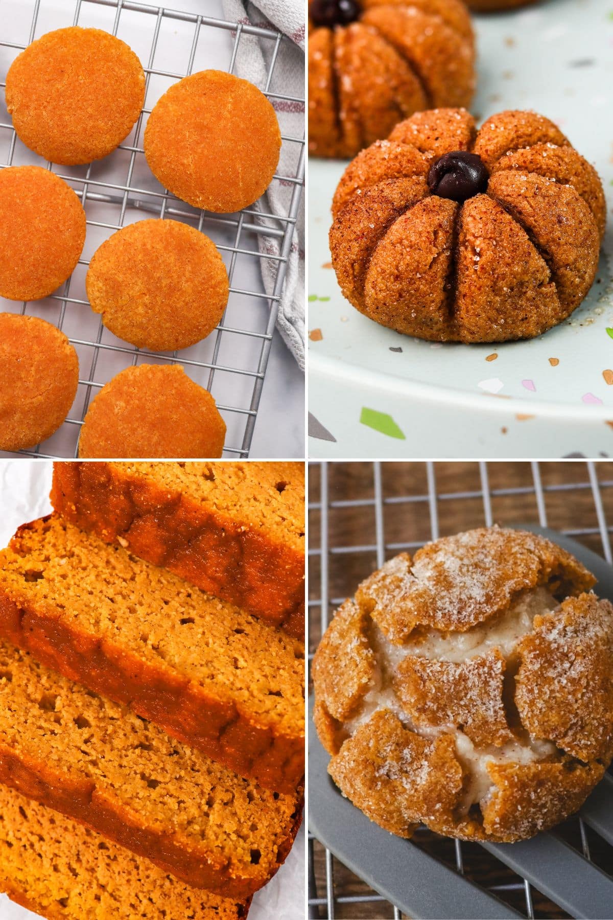 Collage of pumpkin desserts: frosted cookies, mini pumpkin-shaped treats, sliced pumpkin bread, and a crinkle-top cookie.
