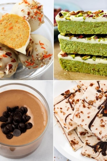 Four no bake sugar-free desserts: white chocolate coated bites, pistachio protein bars, chocolate pudding, and nut bark.