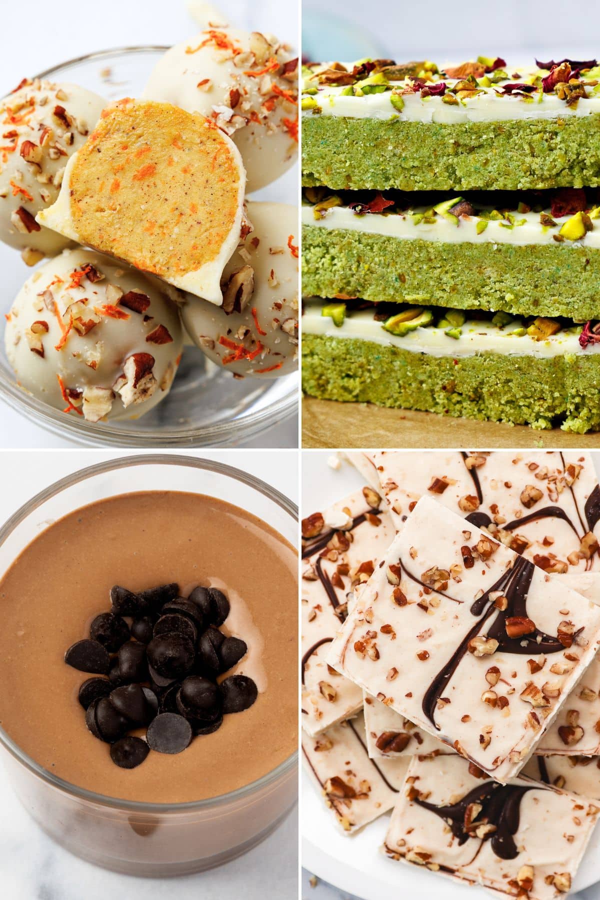 A grid of no bake sugar-free desserts including pistachio protein bars, chocolate pudding topped with chocolate chips, and white chocolate nut bark.