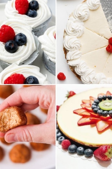 keto cheesecake dessert recipes: mini no-bake portions with berries, sliced cheesecake with raspberries, gingerbread cookies, and strawberry-topped cake.