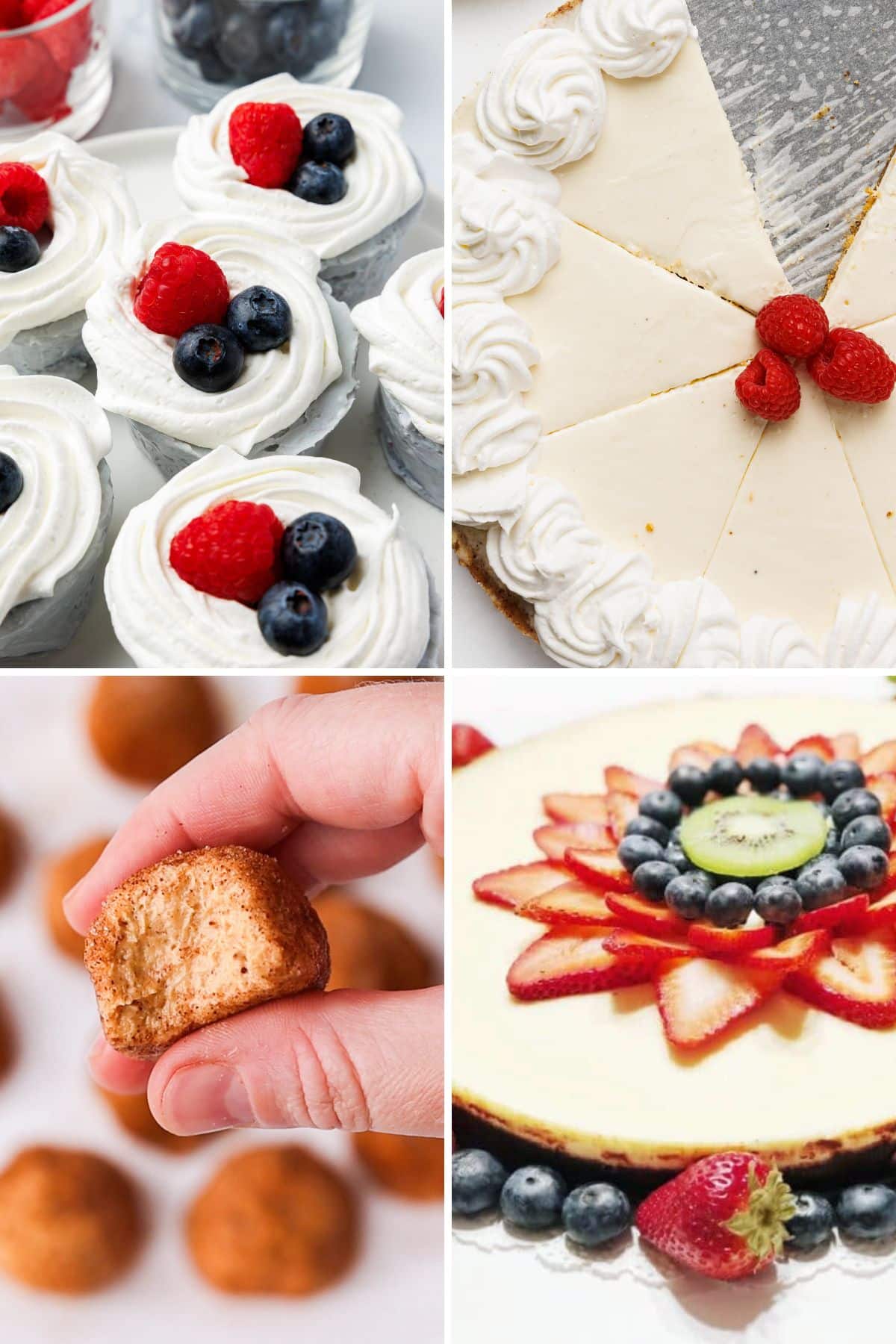 Mini no-bake blueberry cheesecakes with whipped cream, plain cheesecake slice, gingerbread cookies, and berry-topped cheesecake collage.