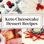 Keto Cheesecake Dessert Recipes collage with mini no-bake cups, plain and berry-topped slices, gingerbread cookies on marble background.