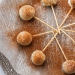 Close view of white chocolate coated pumpkin cheesecake pops dusted with spice, sticks fanned together.