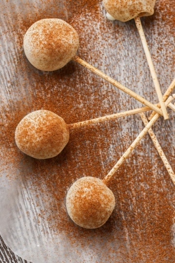 Close view of white chocolate coated pumpkin cheesecake pops dusted with spice, sticks fanned together.
