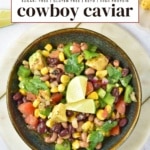 Cowboy Caviar bean salad in a bowl, labeled sugar-free, gluten-free, keto, and high protein.