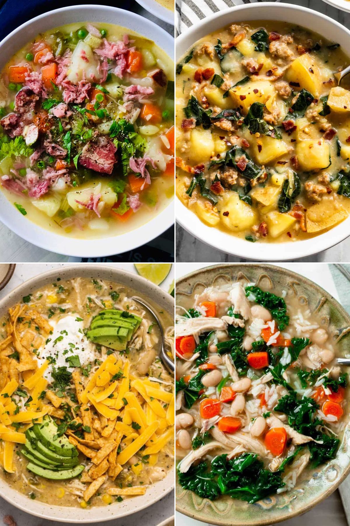 A grid of four soup photos: a garnished ham soup, a creamy potato soup, a cheese-topped chili, and a bean soup with kale.